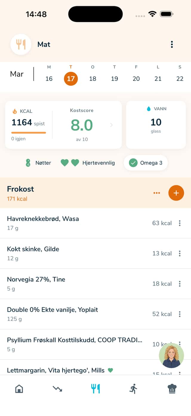 Matlogg med oversikt over måltider og kalorier